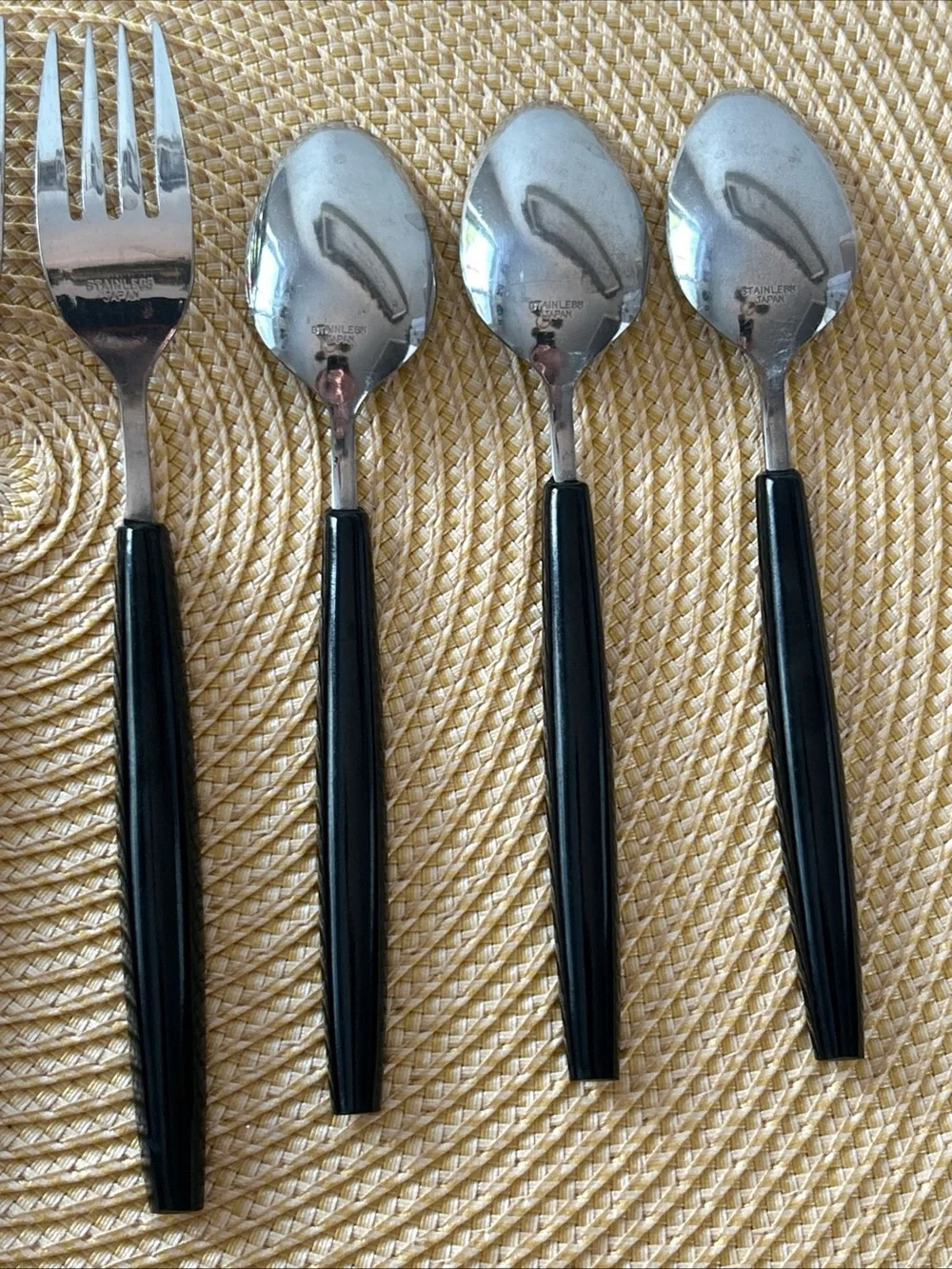 VTG Lifetime Cutlery Japan 15 pc Bamboo Inset Black Handle 7Spoons4Knives4Forks
